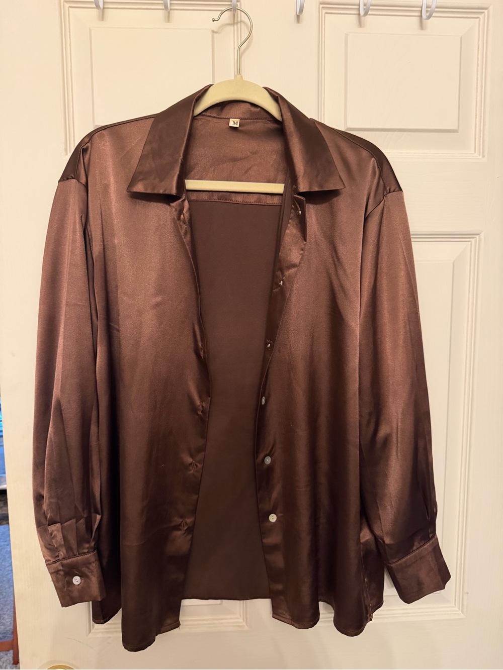Women's Satin Button-Down Shirt in Brown - Picture 2 of 6